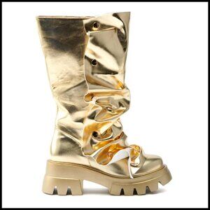 Metallic Chunky Platform Booties Mid Calf Pull On Detachable Overlay Y2K